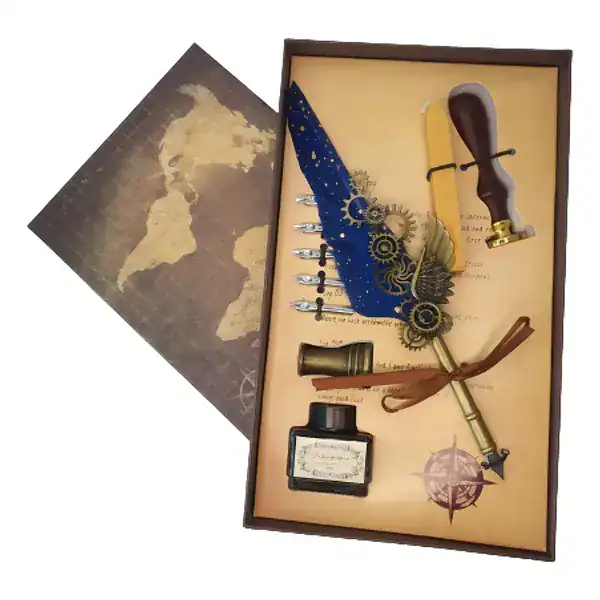 Kit Caneta Tinteiro Pena Engrenagem Azul Com Carimbo Tinta Preto
