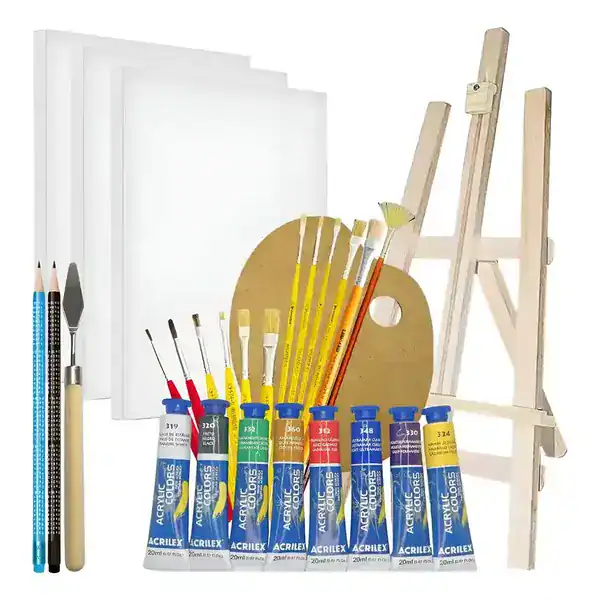 Kit completo para iniciante em pintura em tela com tintas e pincéis