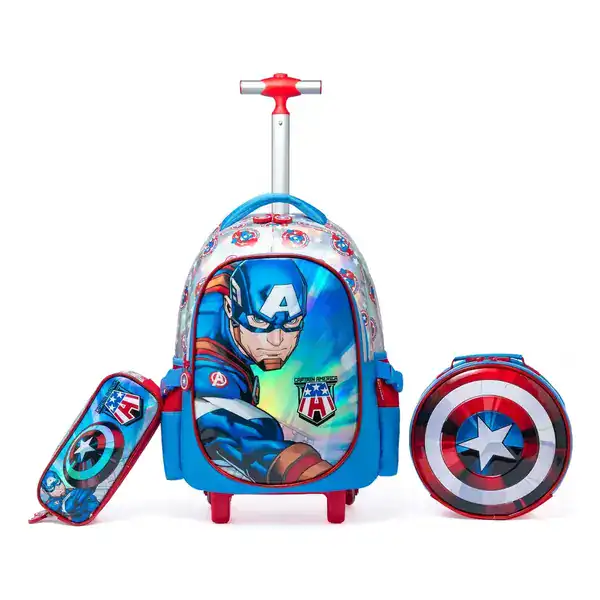 Kit escolar com mochila de rodinhas, lancheira e estojo do Capitão América