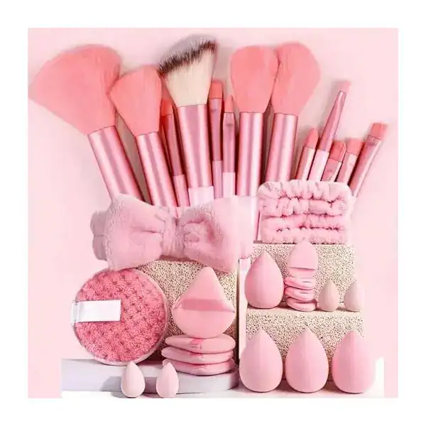 Kit de maquiagem com 33 peças incluindo pincéis, esponjas, tiara e pulseiras