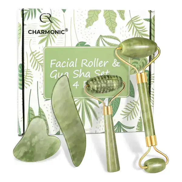 Kit Massageador Facial Jade Roller e Gua Sha — 4 Peças — guia de presentes para quem cuida da pele da Presendicas