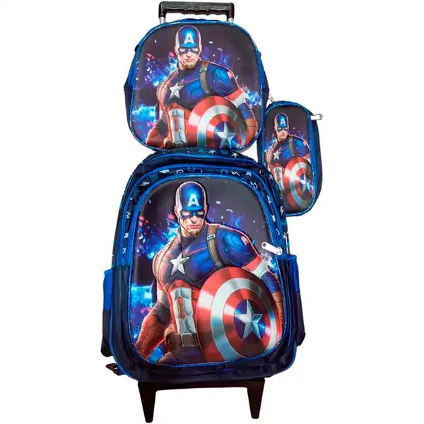 Kit mochila com rodinhas e frente em alto relevo do escudo do Capitão América