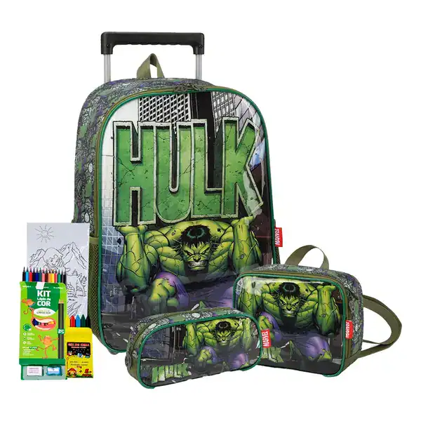 Kit Mochila de Rodinha com Estojo e Lancheira — Hulk Super-Herói