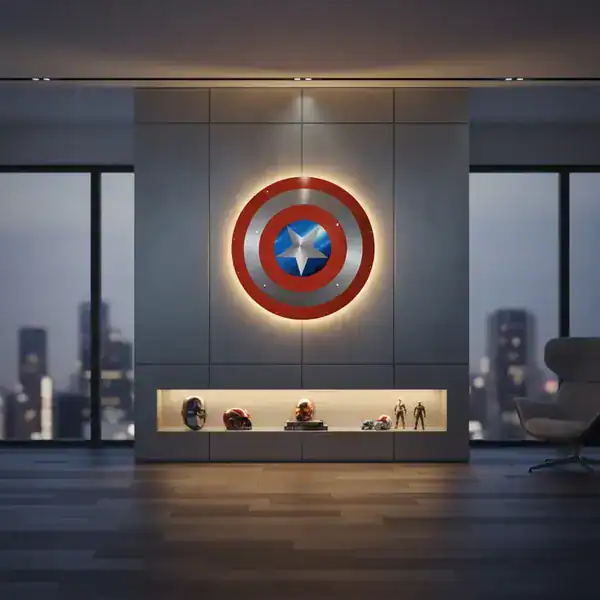 Luminária de parede em LED com o escudo do Capitão América aceso