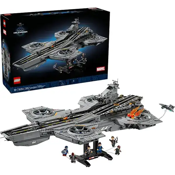 Caixa do conjunto LEGO Marvel Aeroporta-aviões da S.H.I.E.L.D. com o Helicarrier montado