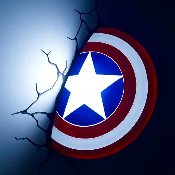 Luminária 3D Light FX com escudo do Capitão América encravado na parede