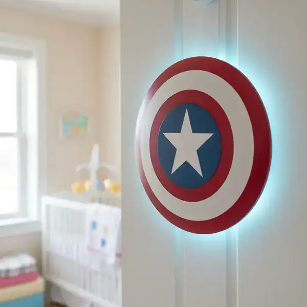 Luminária em formato de escudo do Capitão América com anel de LED aceso