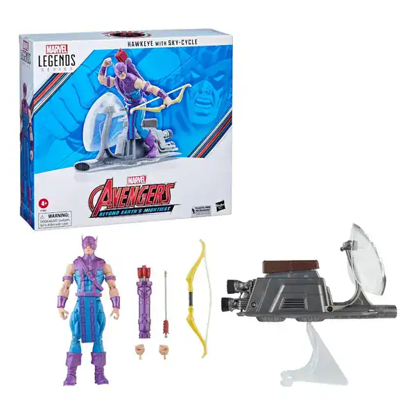 Boneco Marvel Legends do Gavião Arqueiro com traje roxo, arco e o veículo Sky-Cycle na embalagem original