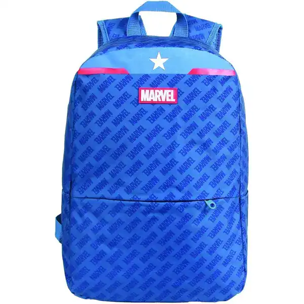 Mochila azul discreta da linha Marvel Universe com etiqueta frontal