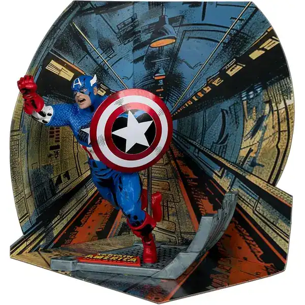 Figura colecionável McFarlane Toys do Capitão América em pose de combate com escudo no antebraço