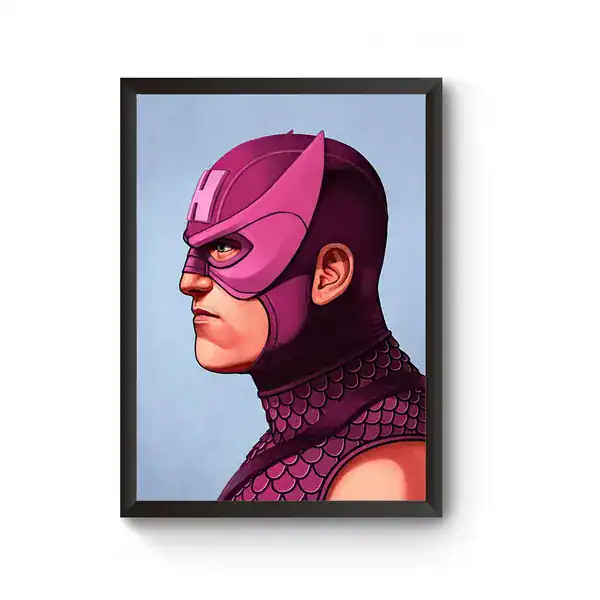 Quadro com arte pôster do Gavião Arqueiro clássico de máscara roxa