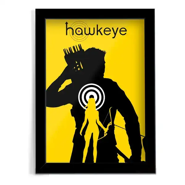 Quadro A4 com moldura e arte gráfica minimalista do Hawkeye em fundo amarelo