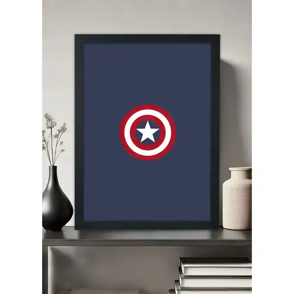 Quadro decorativo minimalista com o escudo do Capitão América sobre fundo azul-marinho