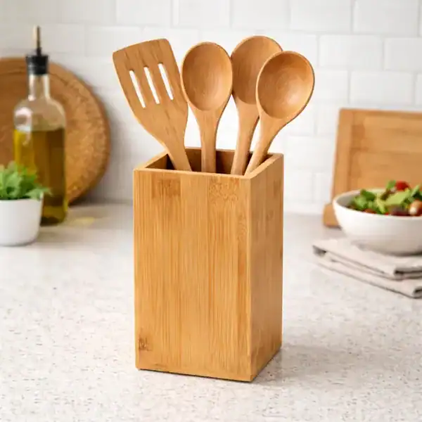 Suporte organizador de utensílios em bambu — presente para quem gosta de cozinhar