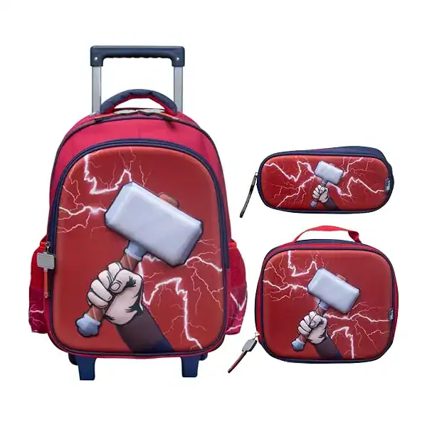 Kit escolar com mochila de rodinha, lancheira e estojo com estampa do martelo do Thor
