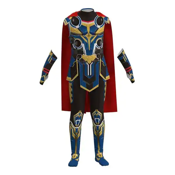 Fantasia adulta do Thor Amor e Trovão com peitoral azul e capa vermelha