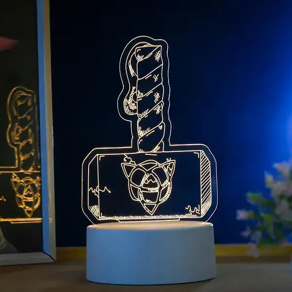 Luminária LED 3D em acrílico com desenho do martelo do Thor iluminado em azul