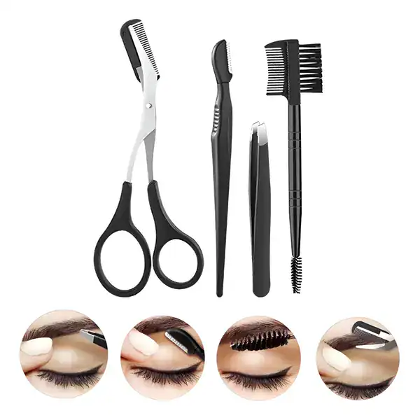 Kit de design de sobrancelhas com tesoura, escovinha, pinça e navalha — guia de presentes de sobrancelha da Presendicas